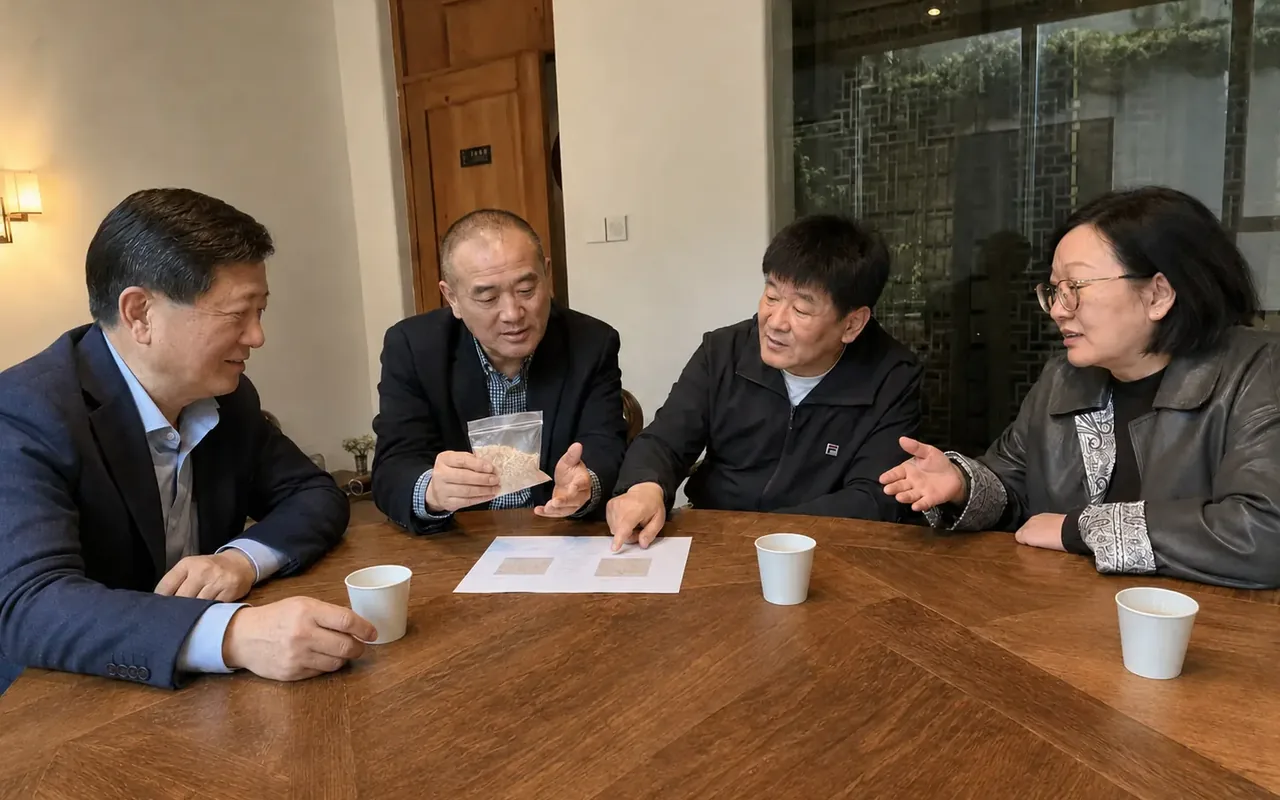 Business meeting reviewing potato ingredient samples and application information
